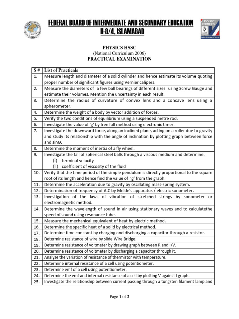 Class 12 Physics Practical List | PDF | Electrical Resistance And ...