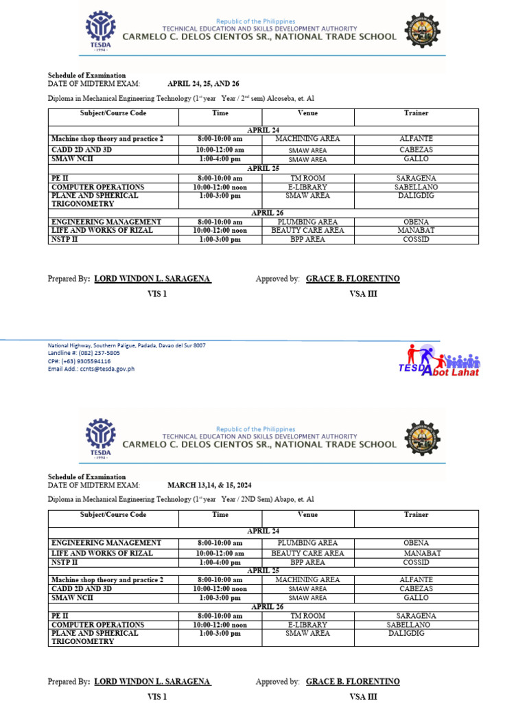Philippines Midterm Exam Schedule 2024 | PDF | Engineering | Physical ...