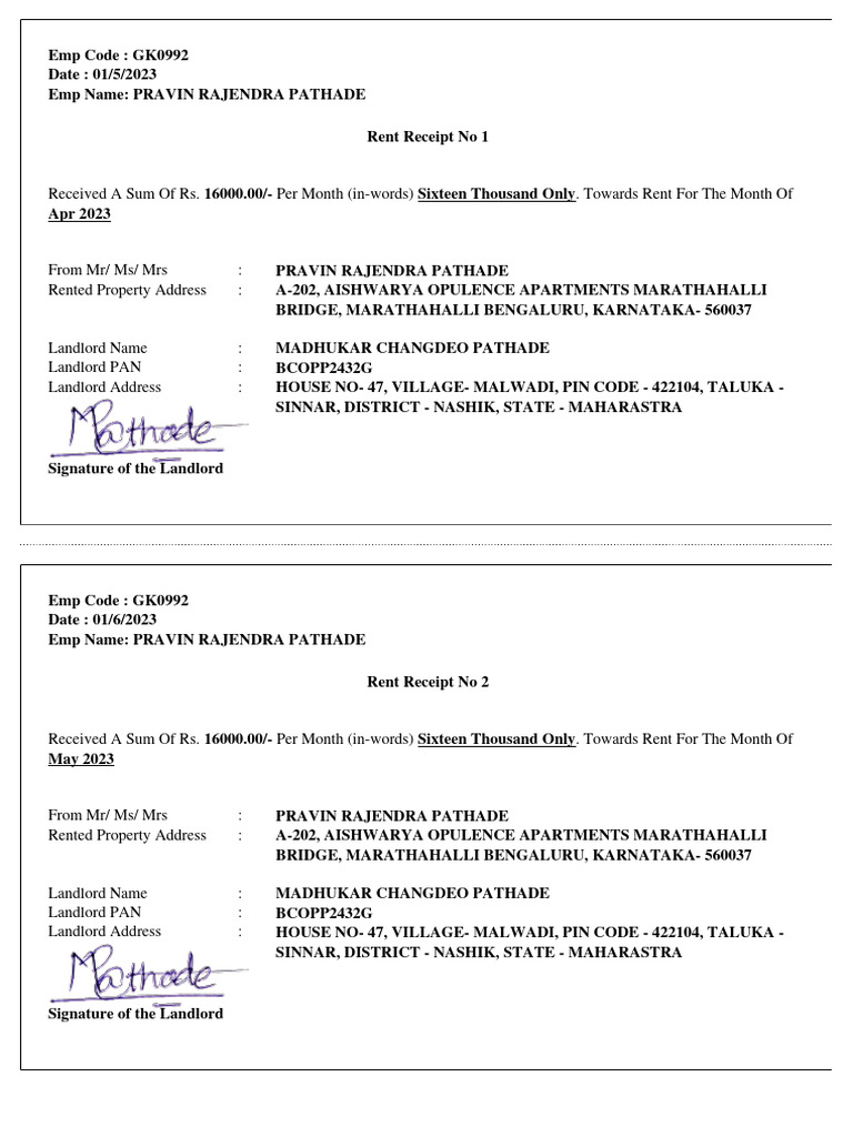 Rent Receipts for Aishwarya Apartments | PDF | Landlord | Real Property Law