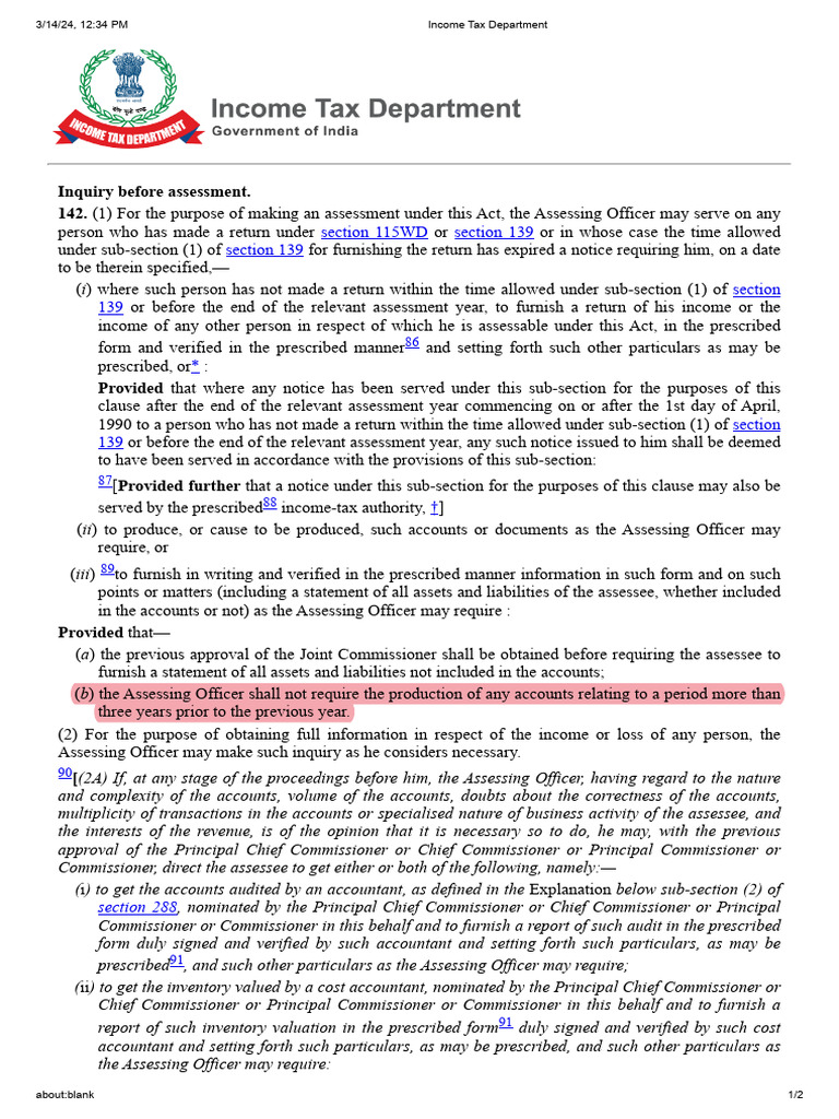 Income Tax Notice Under Section 142(1) | PDF | Audit | Inventory