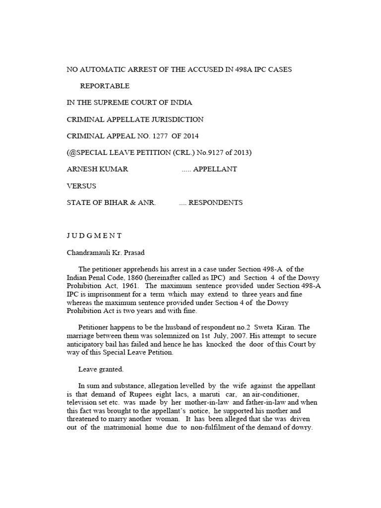 Supreme Court Ruling on 498A IPC Arrests | PDF | Arrest | Legal Action