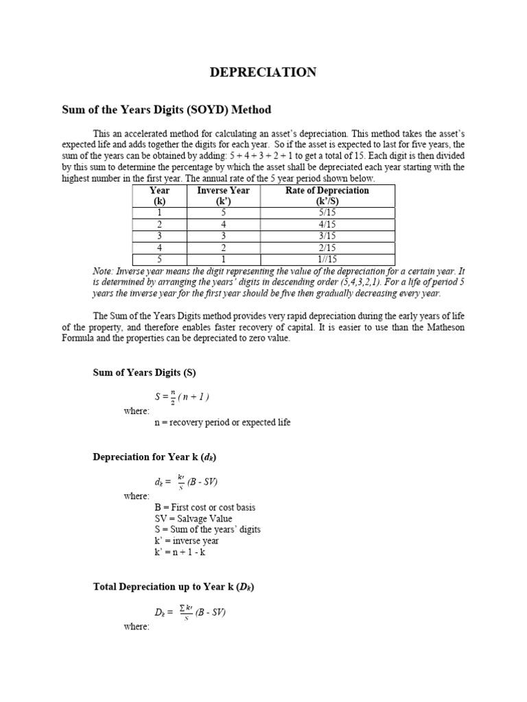 Sum of Years Digits Depreciation Method | PDF | Depreciation ...