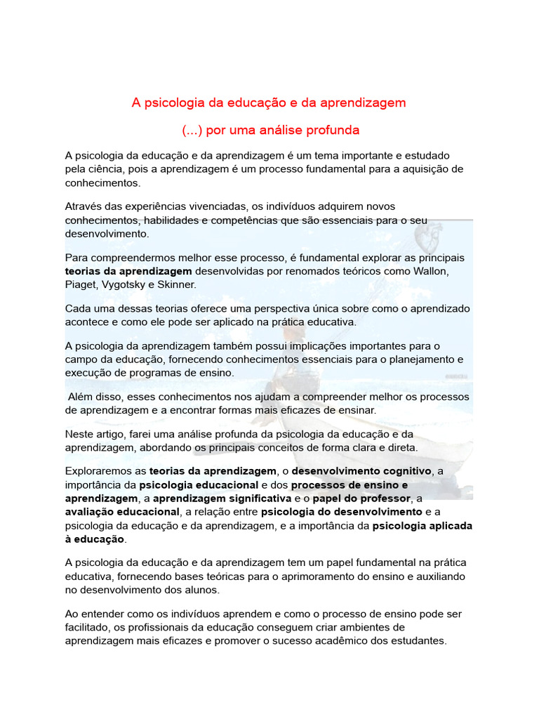 A Psicologia Da Educação e Da Aprendizagem (... ) Por Uma Análise ...