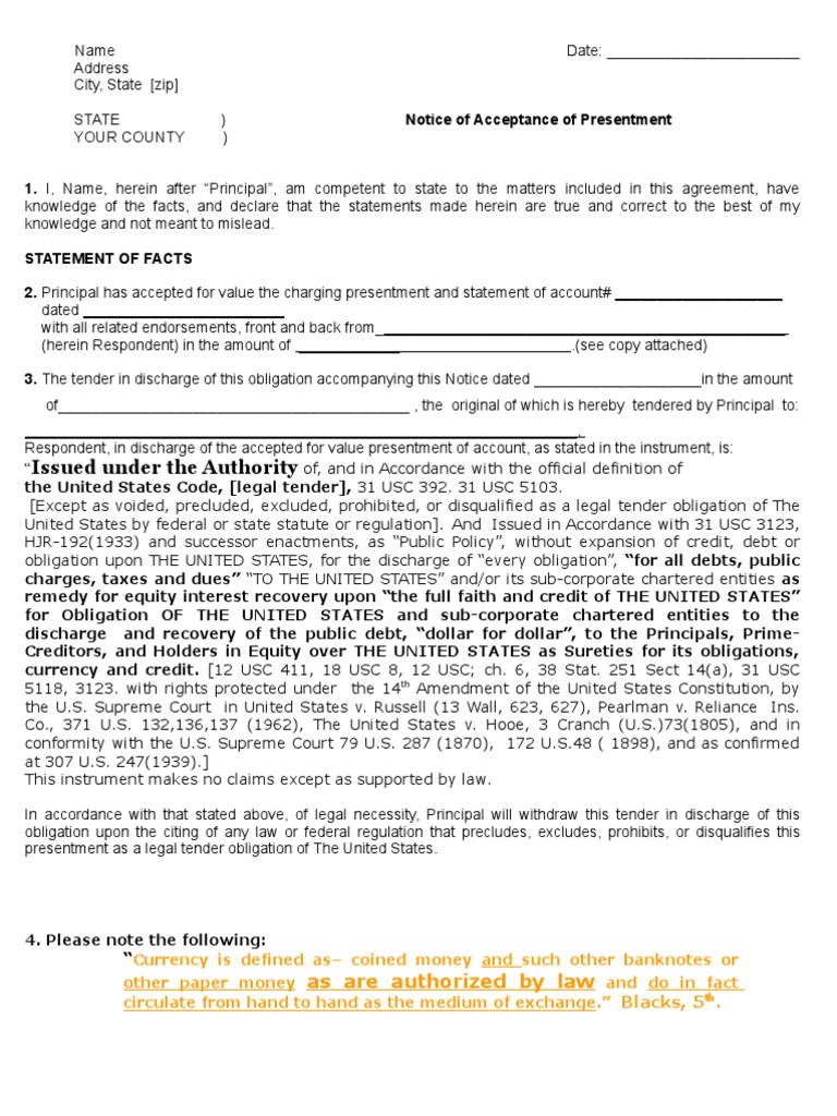 Notice of Acceptance of Presentment | PDF | Legal Tender | United ...