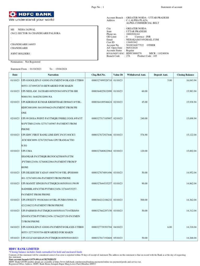 HDFC Bank UPI Transaction Statement | PDF | Business | Service Industries