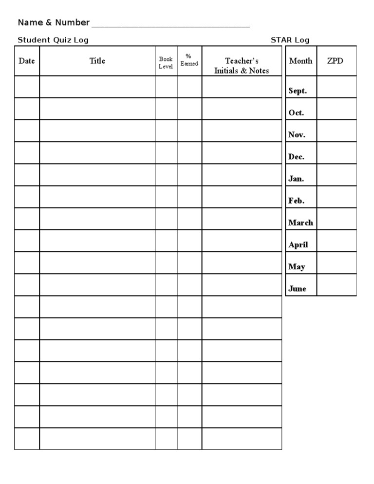 Name & Number - : Student Quiz Log Star Log | PDF