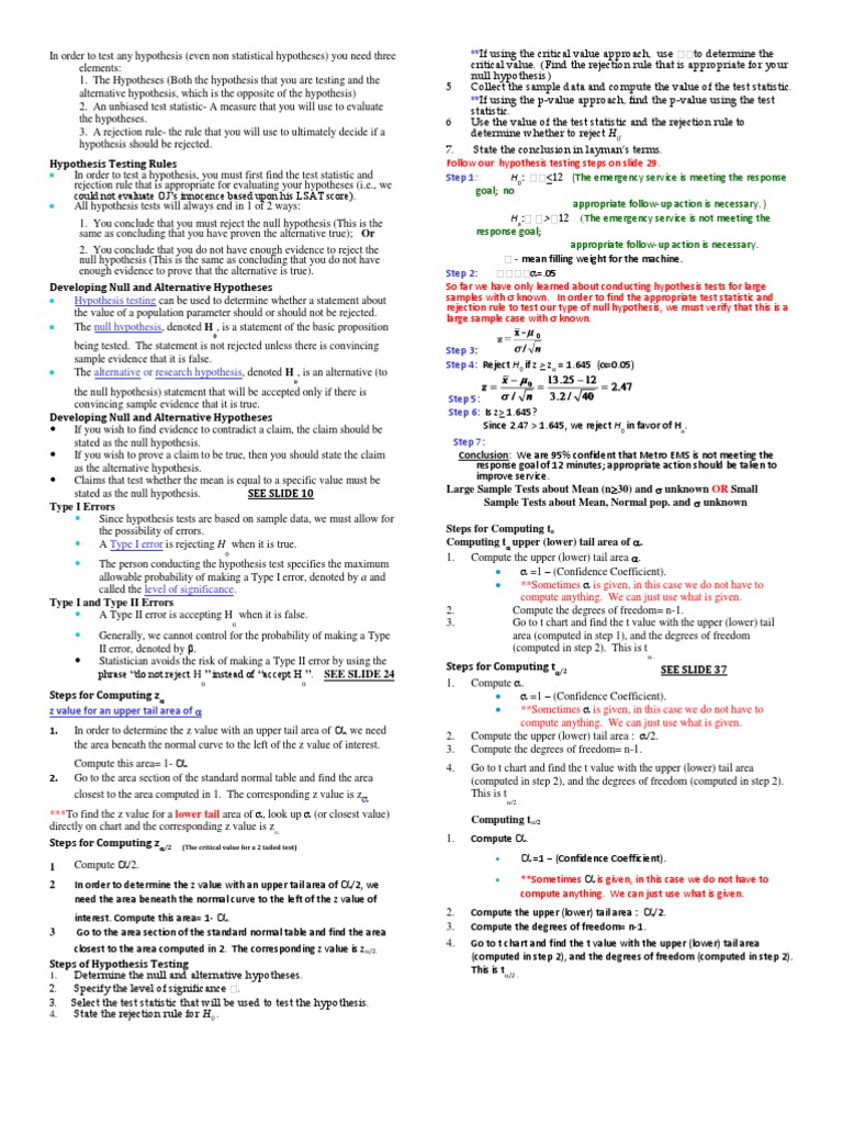 Ch 9 Hypothesis Testing Cheat Sheet | Statistical Hypothesis Testing ...