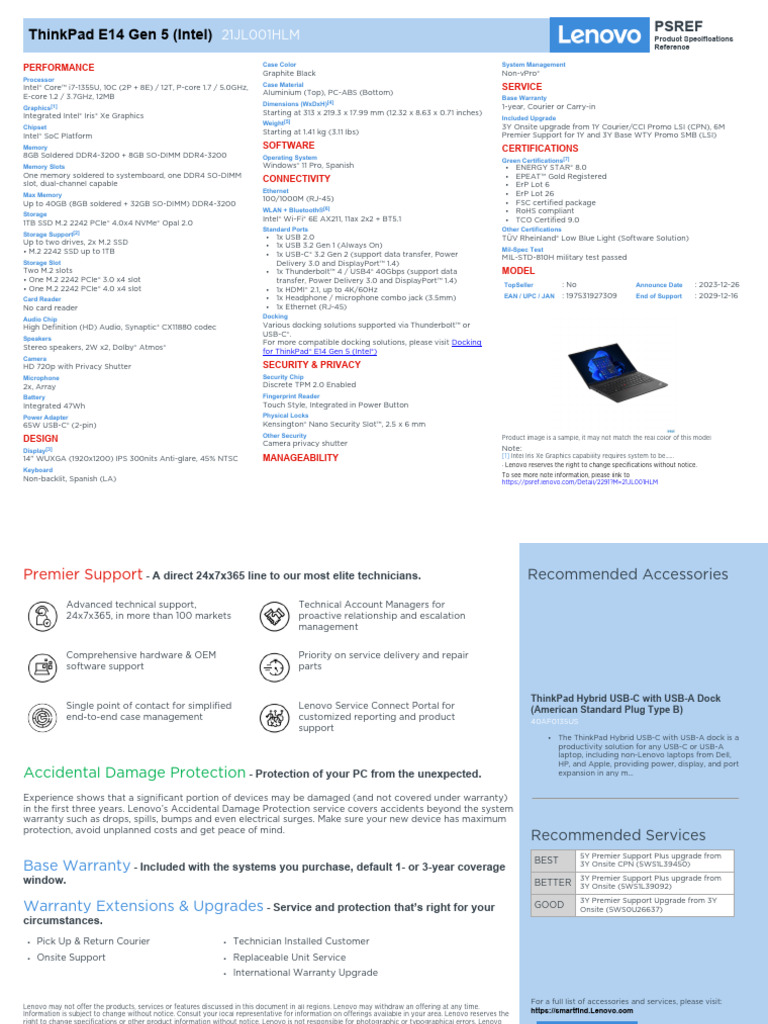 ThinkPad E14 Gen 5 Intel 21JL001HLM | PDF | Computer Hardware | Computing