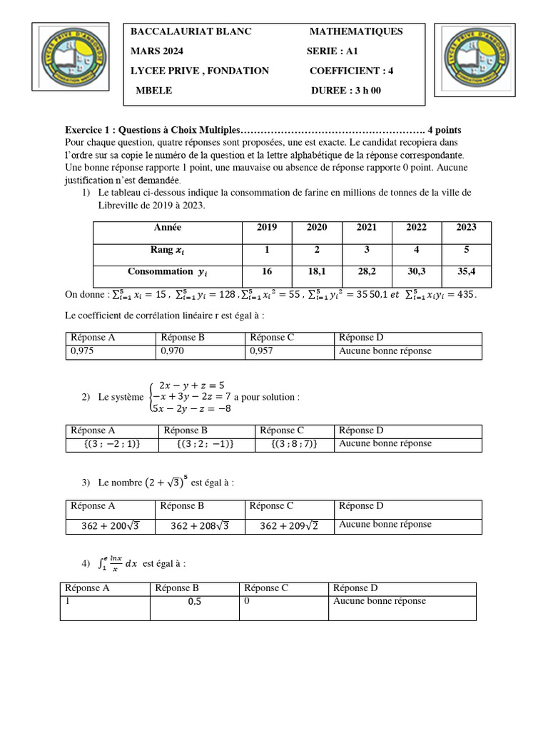 Bac A1 2024 : Mathématiques Blanc | PDF | Fonction (Mathématiques ...