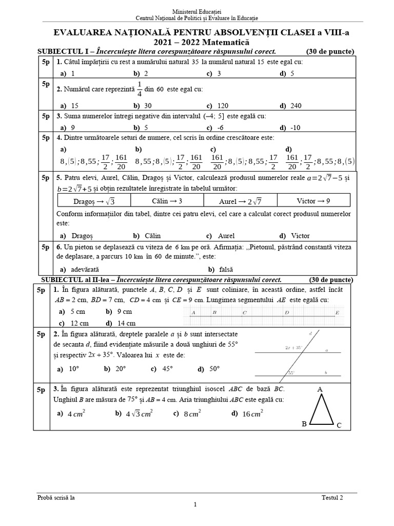 En VIII Matematica 2022 Test 02 | PDF