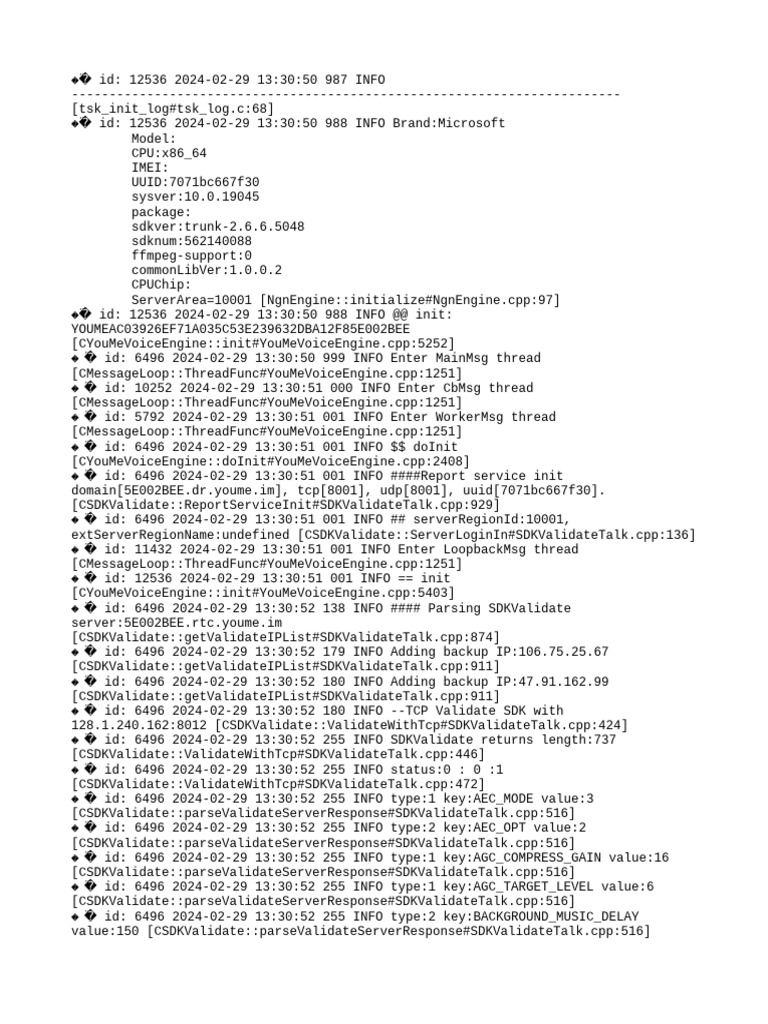 YouMe Voice Engine Initialization Log | PDF | Communications Protocols ...