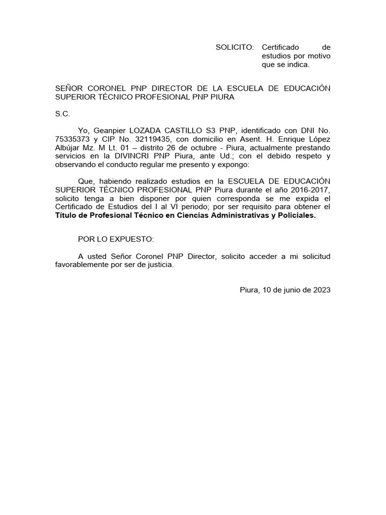 Solicitud para Certificado de Estudios | Descargar gratis PDF ...