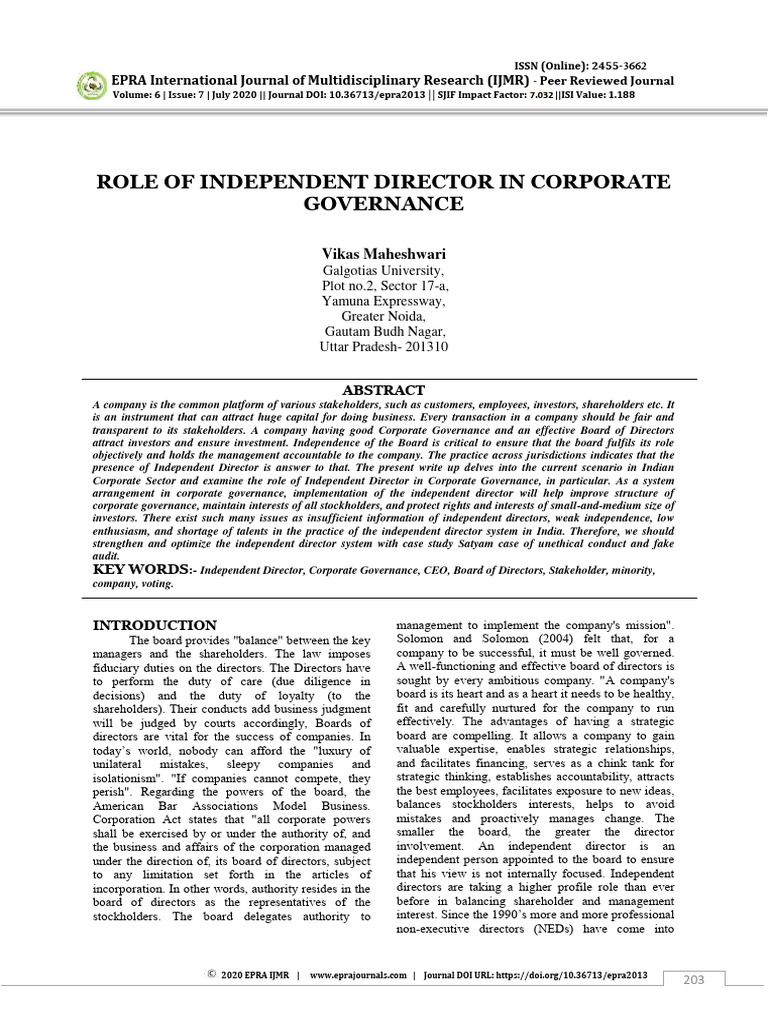 Role of Independent Directors in Governance | PDF | Corporate ...