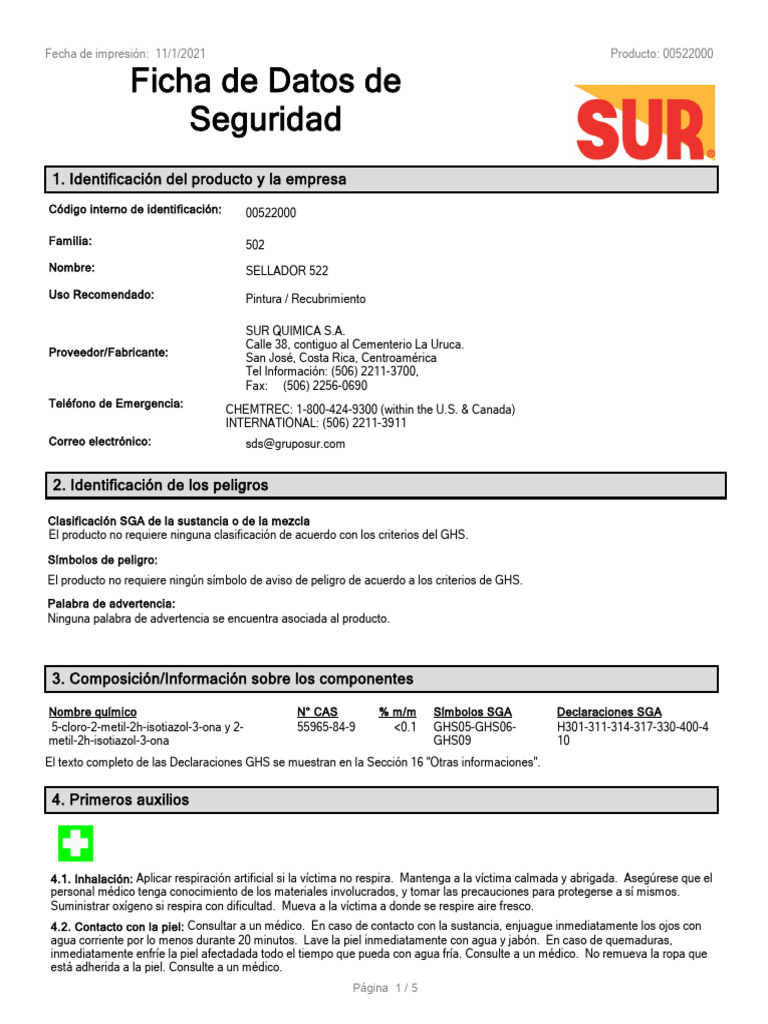 Ficha de Seguridad del Sellador 522 | PDF | Toxicidad