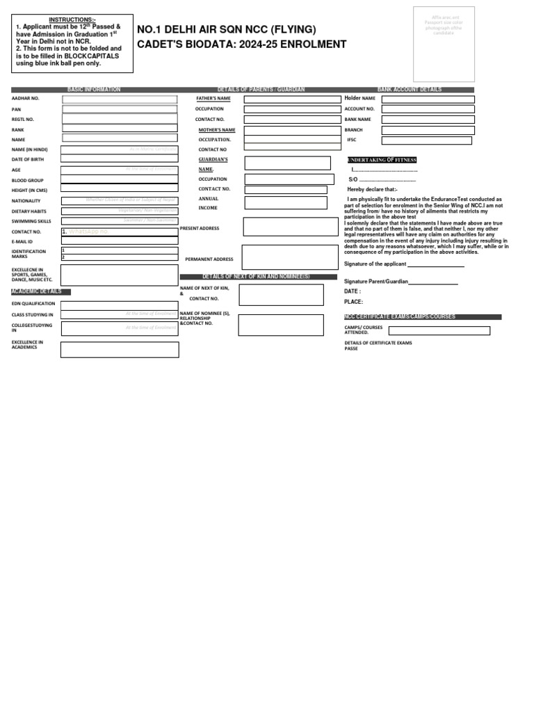 NCC Enrollment Form 2024-25 | PDF