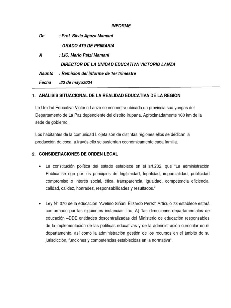 Informe Pedagógico Trimestral 2024 | PDF