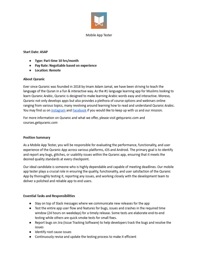 Mobile App Tester Job Description1 PDF Mobile App Software Bug