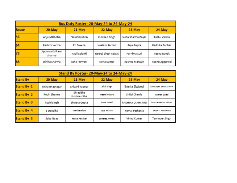Bus and Standby Duty Roster May 2024 | PDF