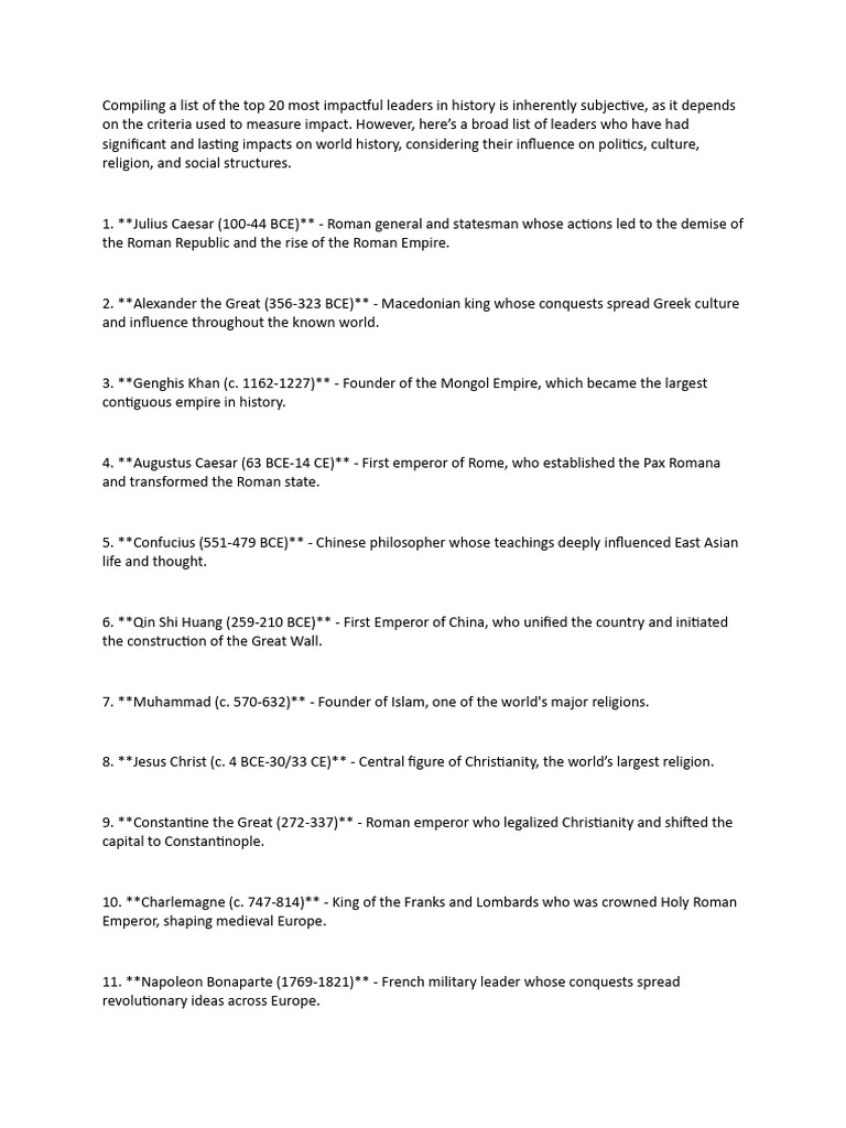 Top 20 Impactful Leaders in History | PDF | Roman Empire