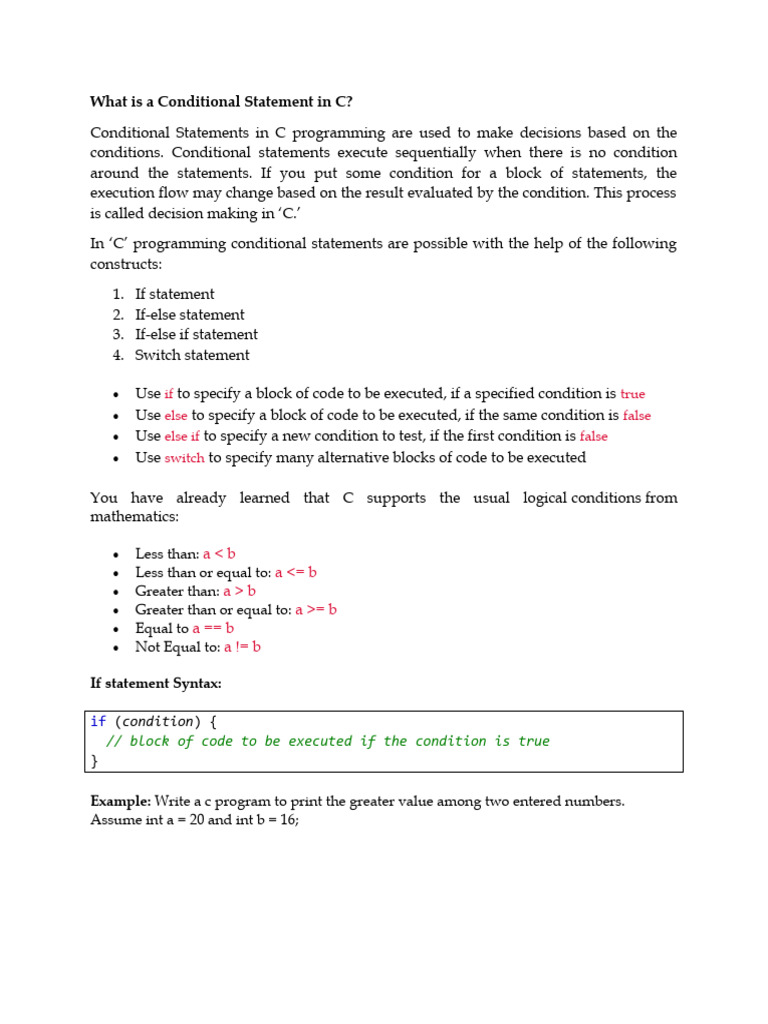 Conditional Statement in C | PDF | Control Flow | Computing