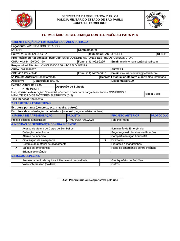 Formulário de Segurança Contra Incêndio SP | PDF