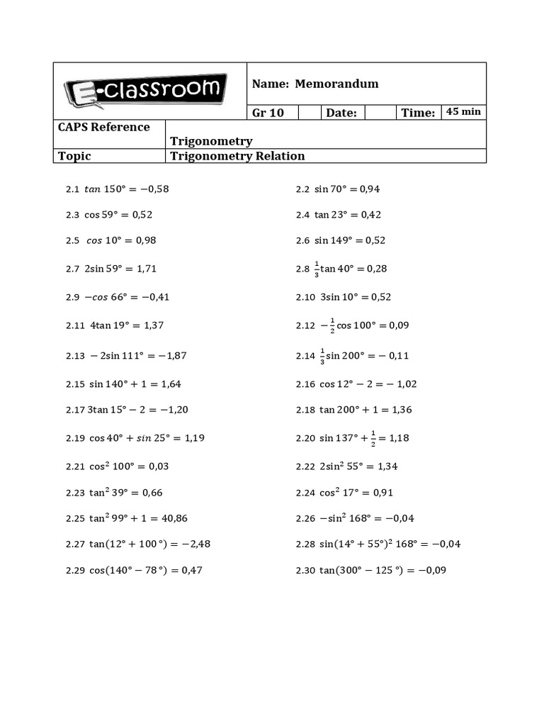 Gr10t2 Trigonometry Relation Memo | PDF | Teaching Methods & Materials