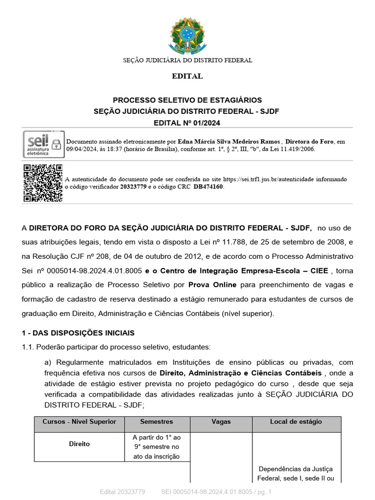 Processo Seletivo Estágio SJDF 2024 | PDF | Administração pública