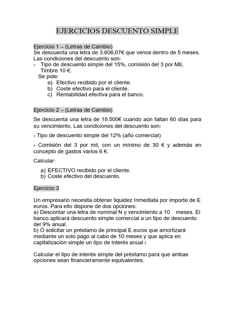 Ejercicios de Descuento Simple y Compuesto | PDF | Interés | Bancos