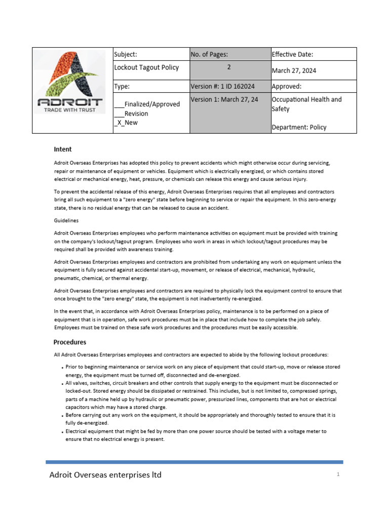 Lockout Tagout Policy Overview | PDF | Safety | Electrical Engineering