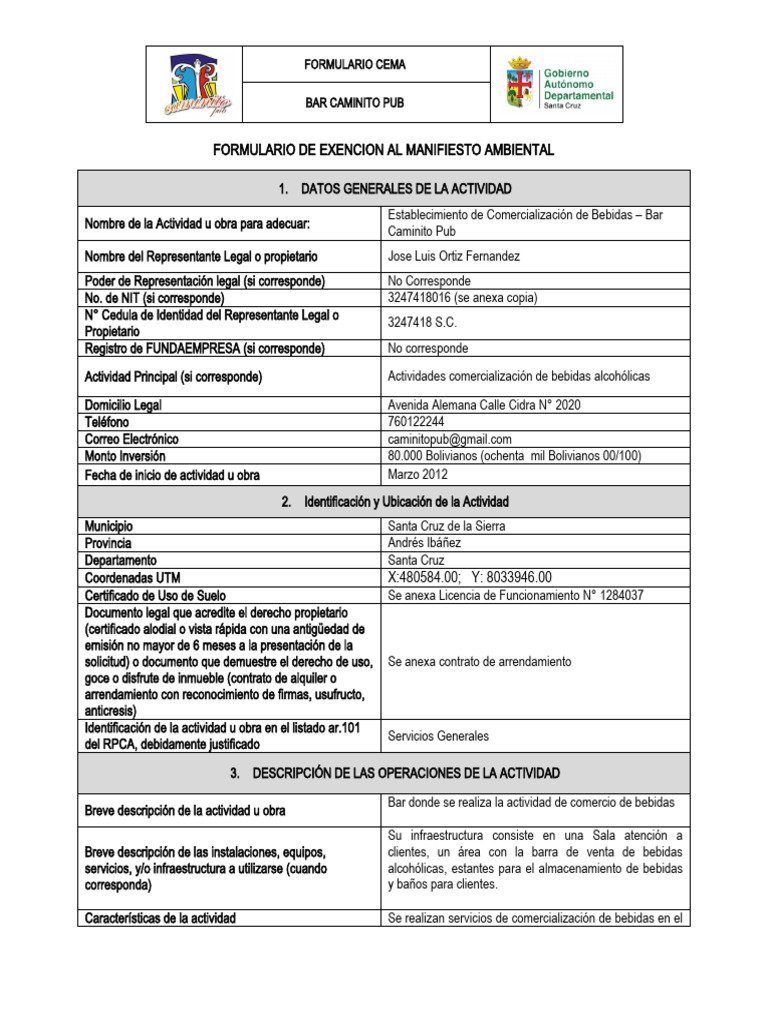 Formulario CEMA-Bar Caminito | PDF