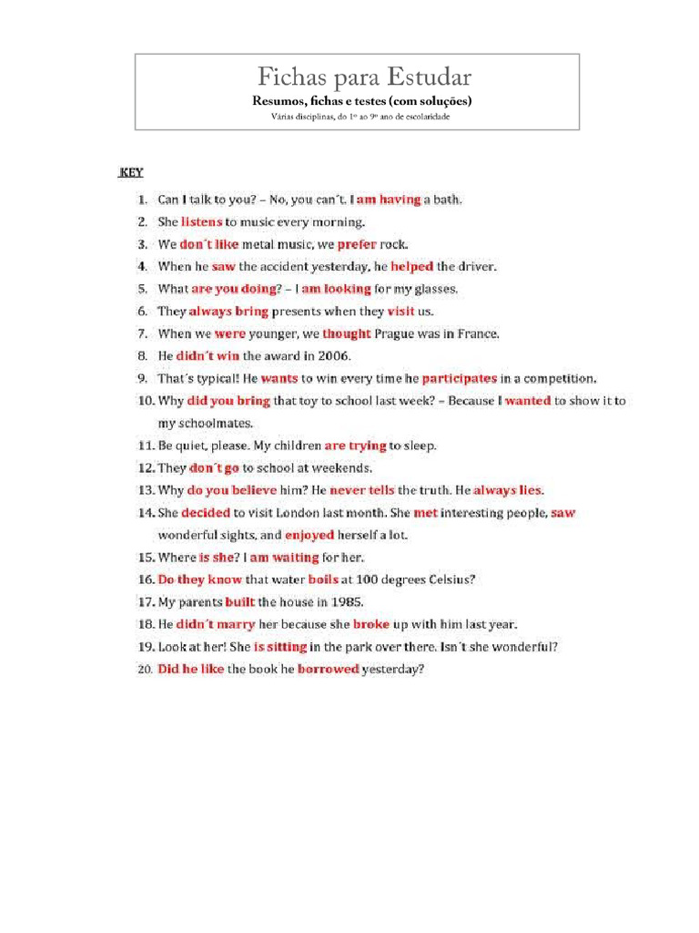 Ficha Ingles 8 Ano Present Simples Vs Present Continuous Vs Past Simple ...