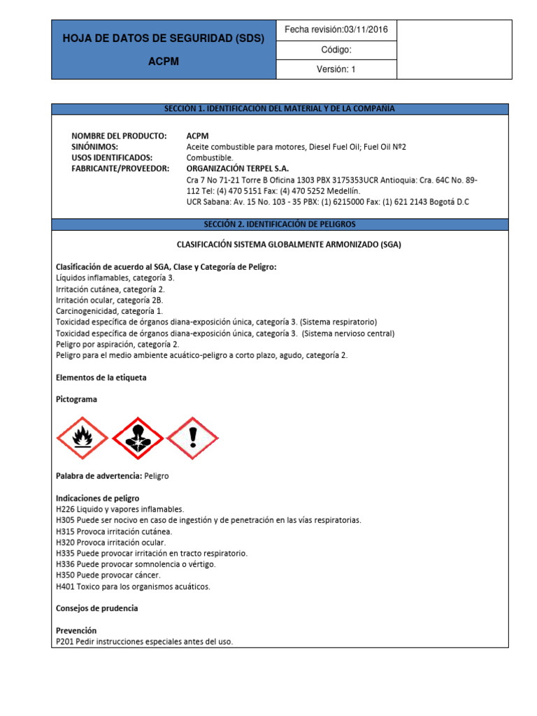 Hoja de Datos de Seguridad ACPM | PDF | Agua | Incendios