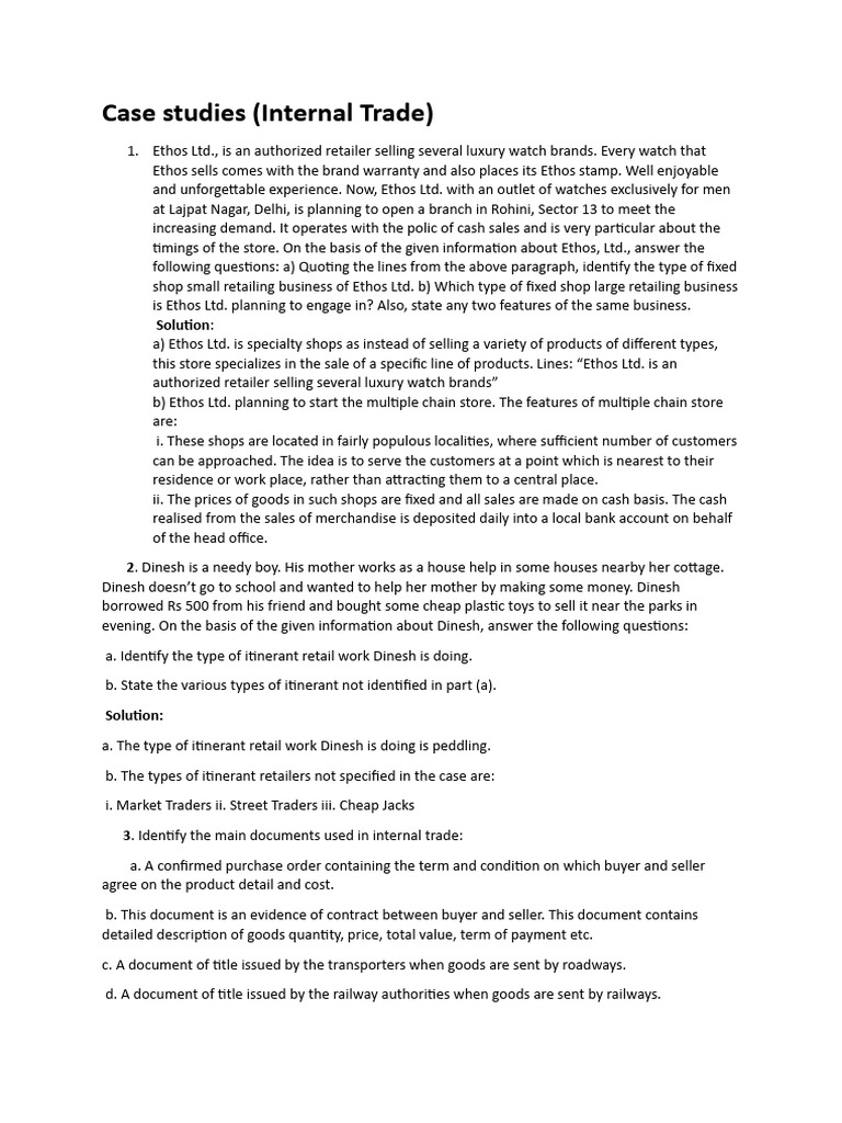 Case Studies on Internal Trade for Class 11 | PDF | Retail | Service ...