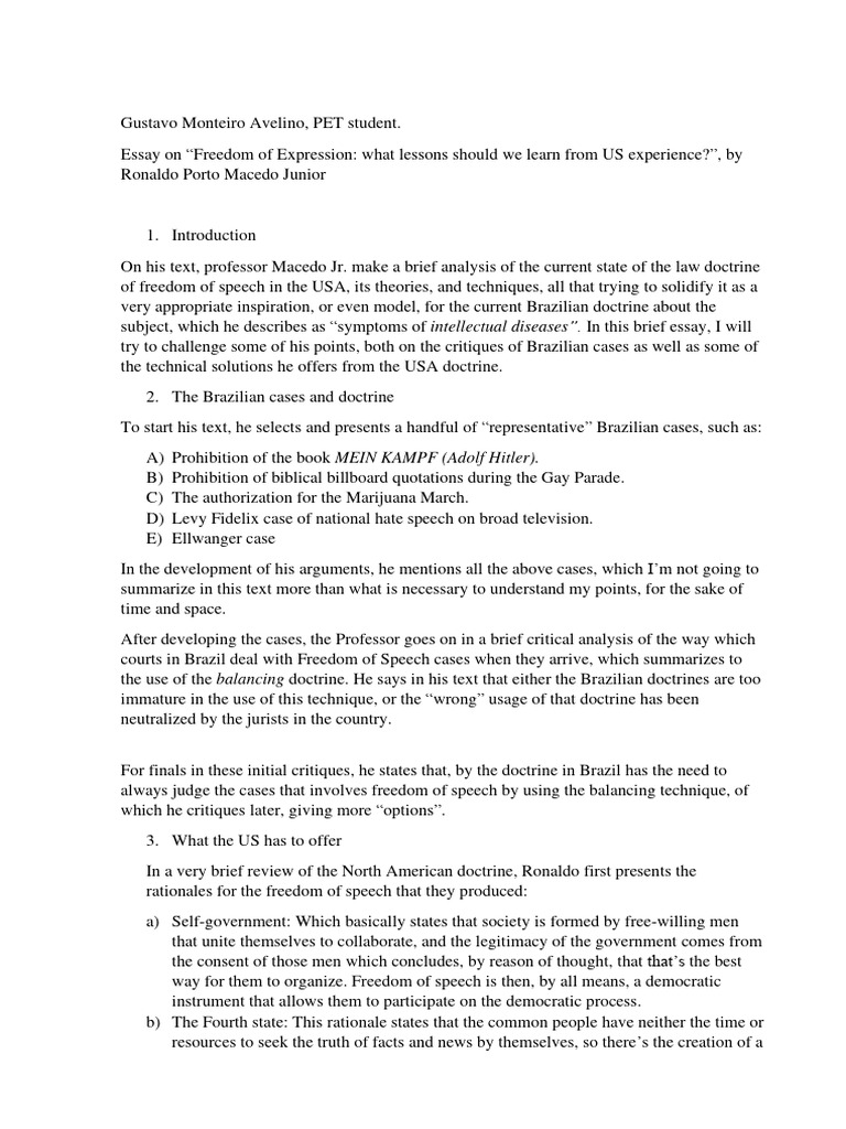 Freedom of Expression: US vs. Brazil Analysis | PDF | Freedom Of Speech ...