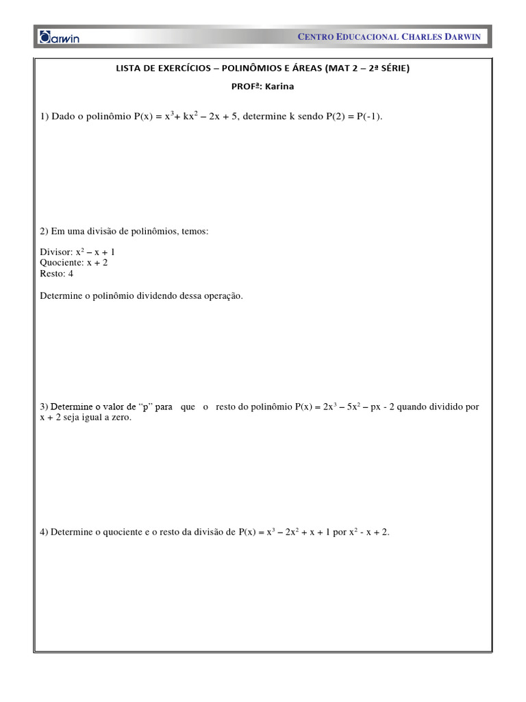 Exercícios de Polinômios e Áreas MAT 2 | PDF | Triângulo | Geometria ...