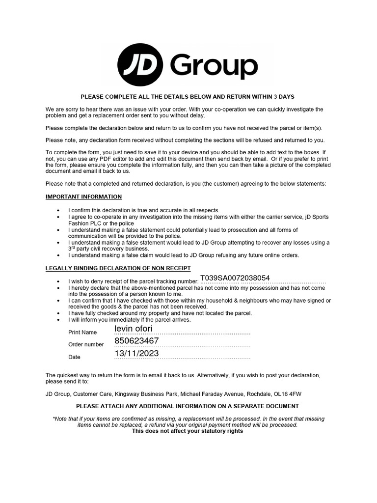 Missing Parcel Declaration Form | PDF