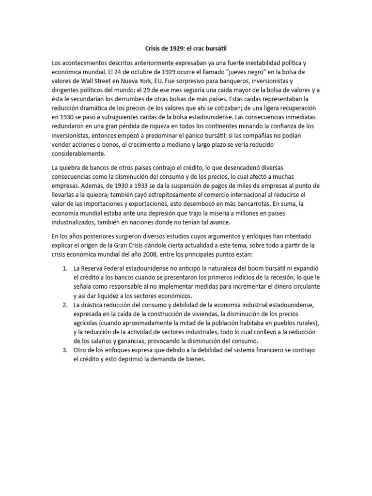 Crisis de 1929: Causas y Consecuencias | PDF | Gran depresion | Economias