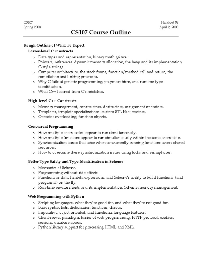 CS107 Spring 2008 Course Outline | PDF | Computers