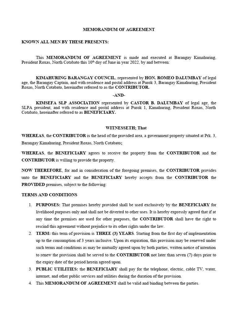 Memorandum of Agreement | PDF | Property Law | Civil Law (Legal System)