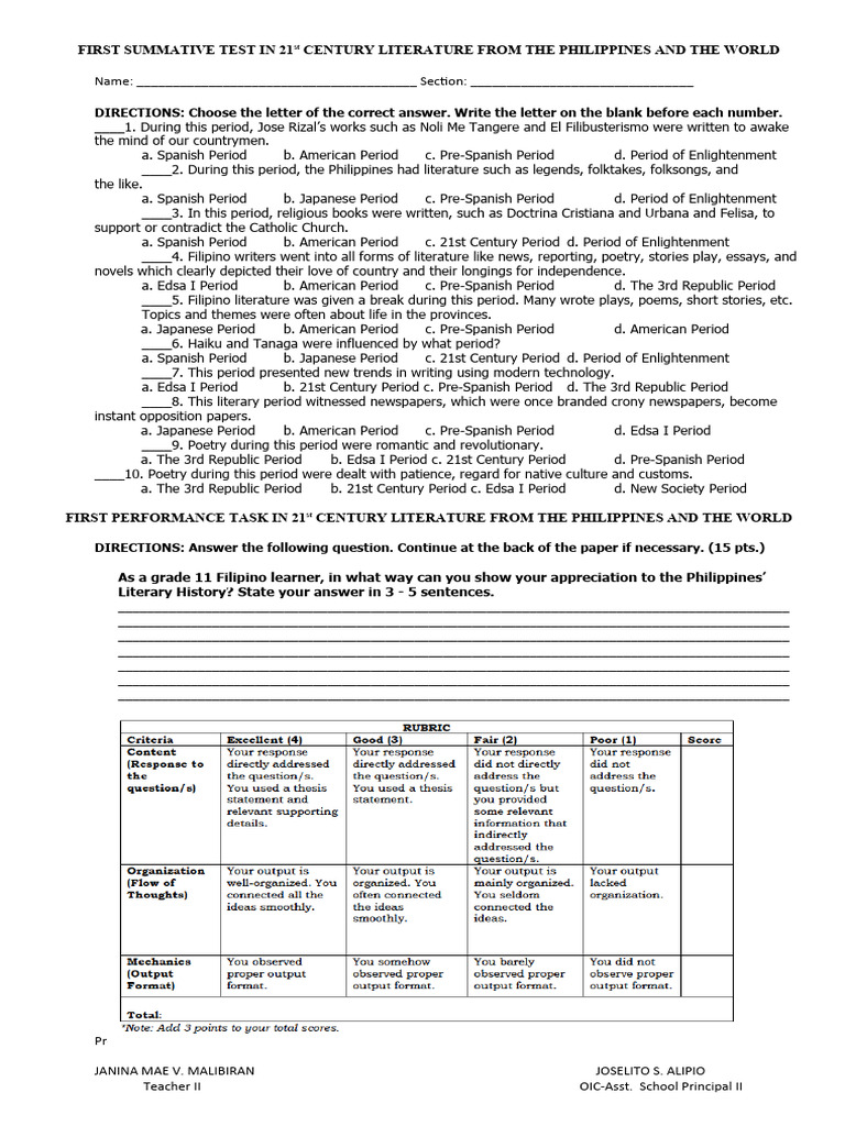 First Summative Test and Ptask in 21st Century Lit-Quarter 3 | PDF