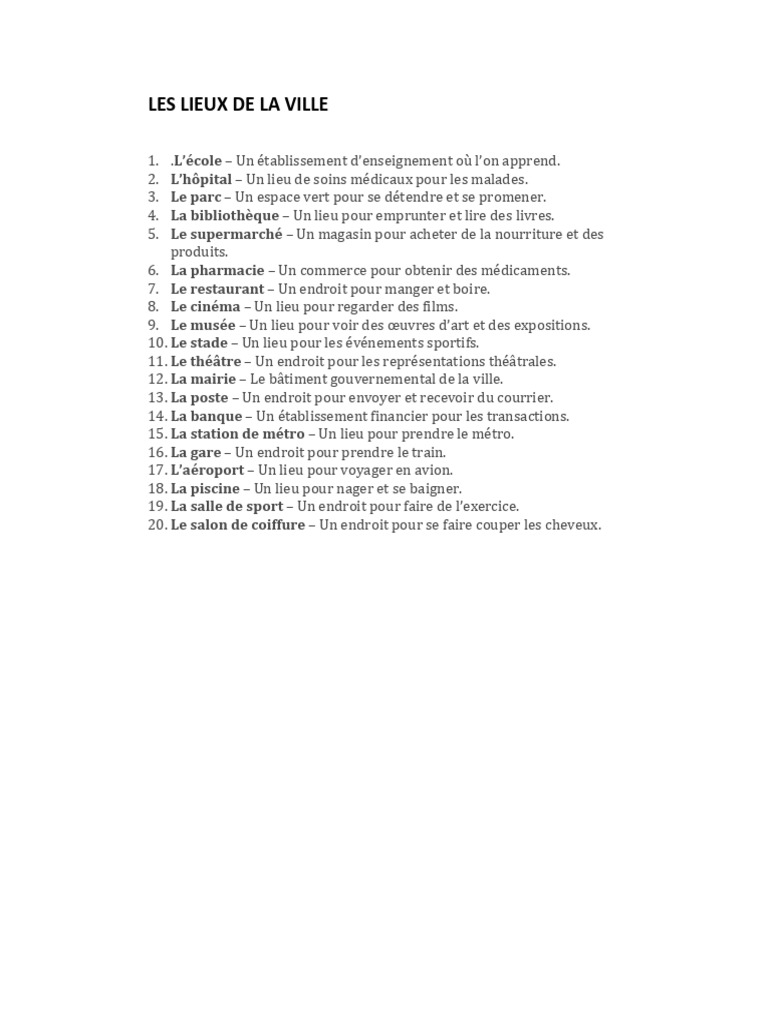 Lieux de la Ville : Vocabulaire et Exemples | PDF