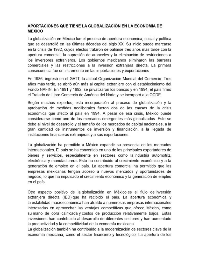 Impacto de la Globalización en México | PDF | Tratado de Libre Comercio ...