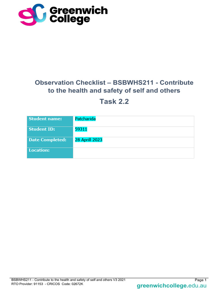 Bsbwhs211 observation checklist task 2 2 student name v1 2