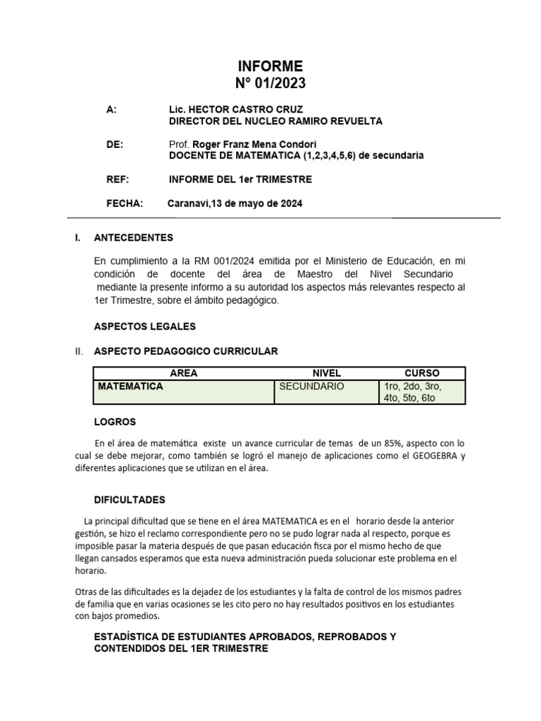 Informe del Primer Trimestre 2024 | PDF | Evaluación