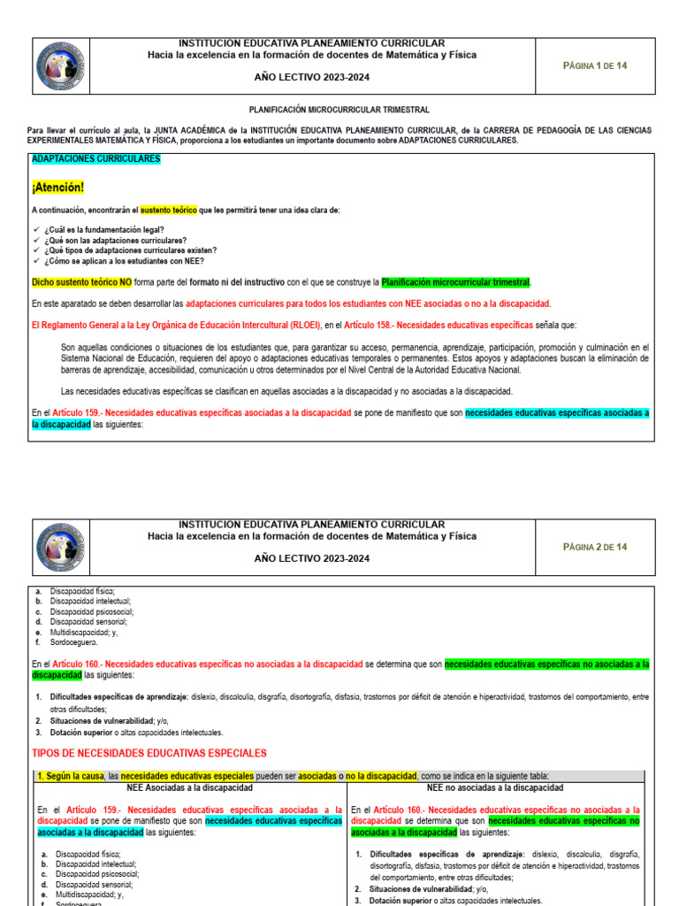 Adaptaciones Curriculares para NEE 2023 | PDF | Plan de estudios ...