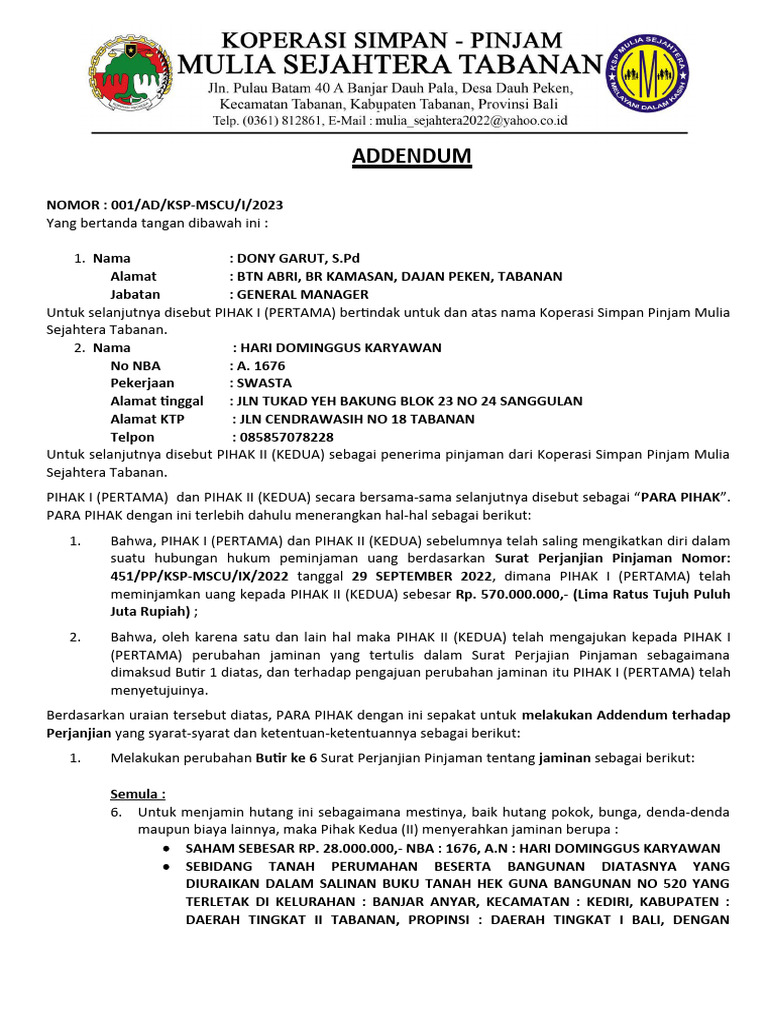 Addendum Perjanjian Pinjaman KSP Tabanan | PDF