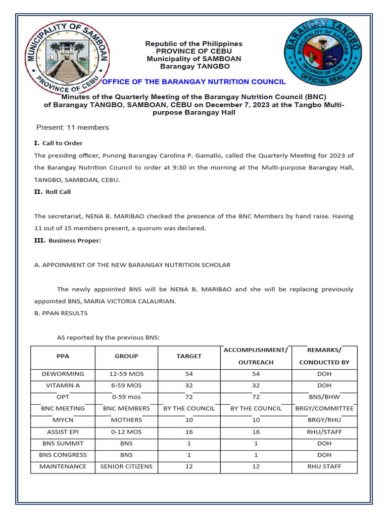 BNC Meeting Minutes - December 2023 | PDF