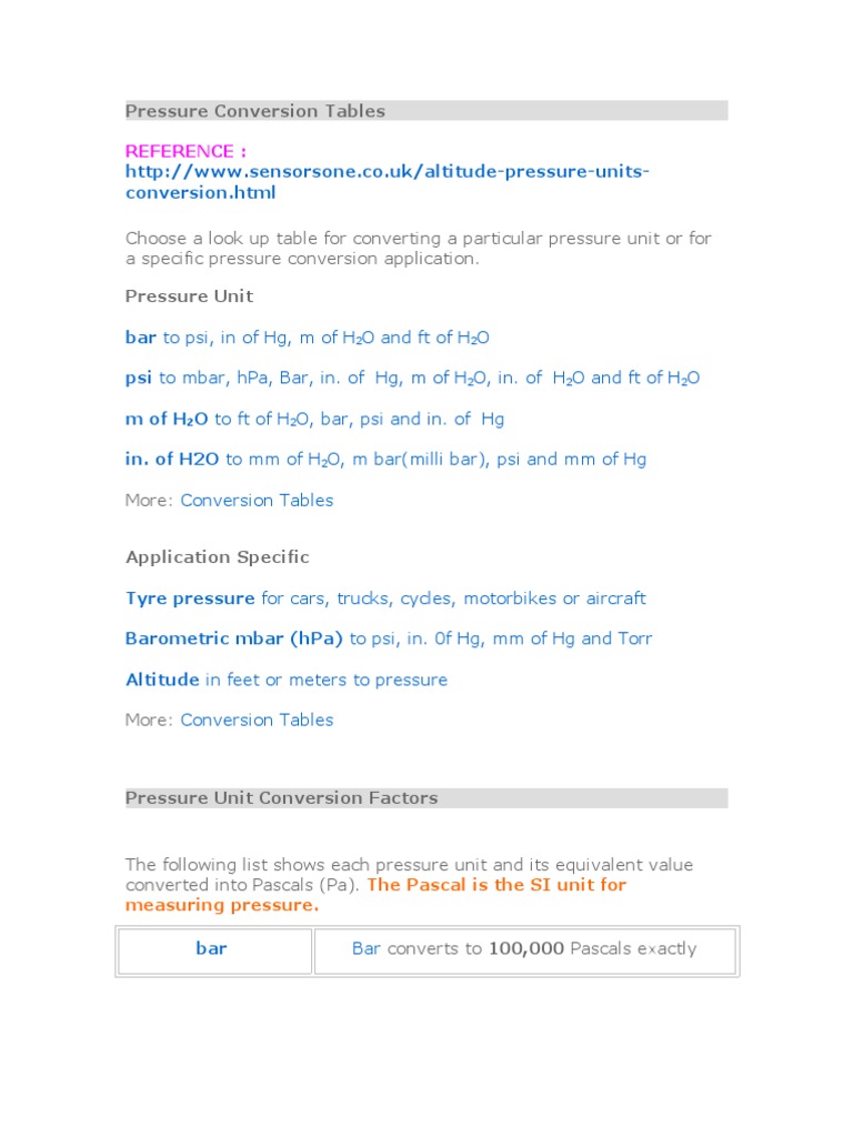 Pressure Conversion Tables Pascal (Unit)