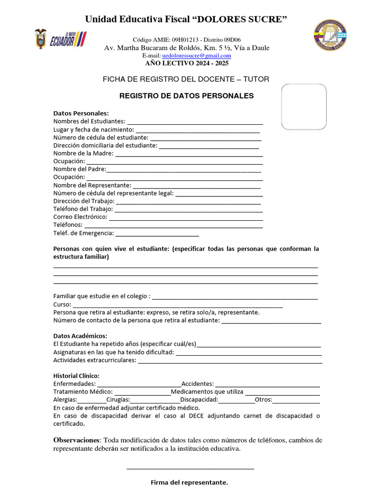 Ficha de Registro Docente 2024-2025 | PDF | Crecimiento personal y ...