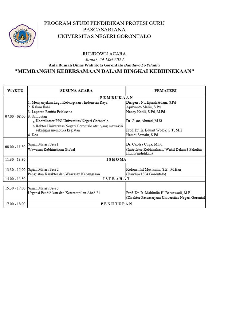 Rundown Kegiatan Diklat Kebhinekaan | PDF